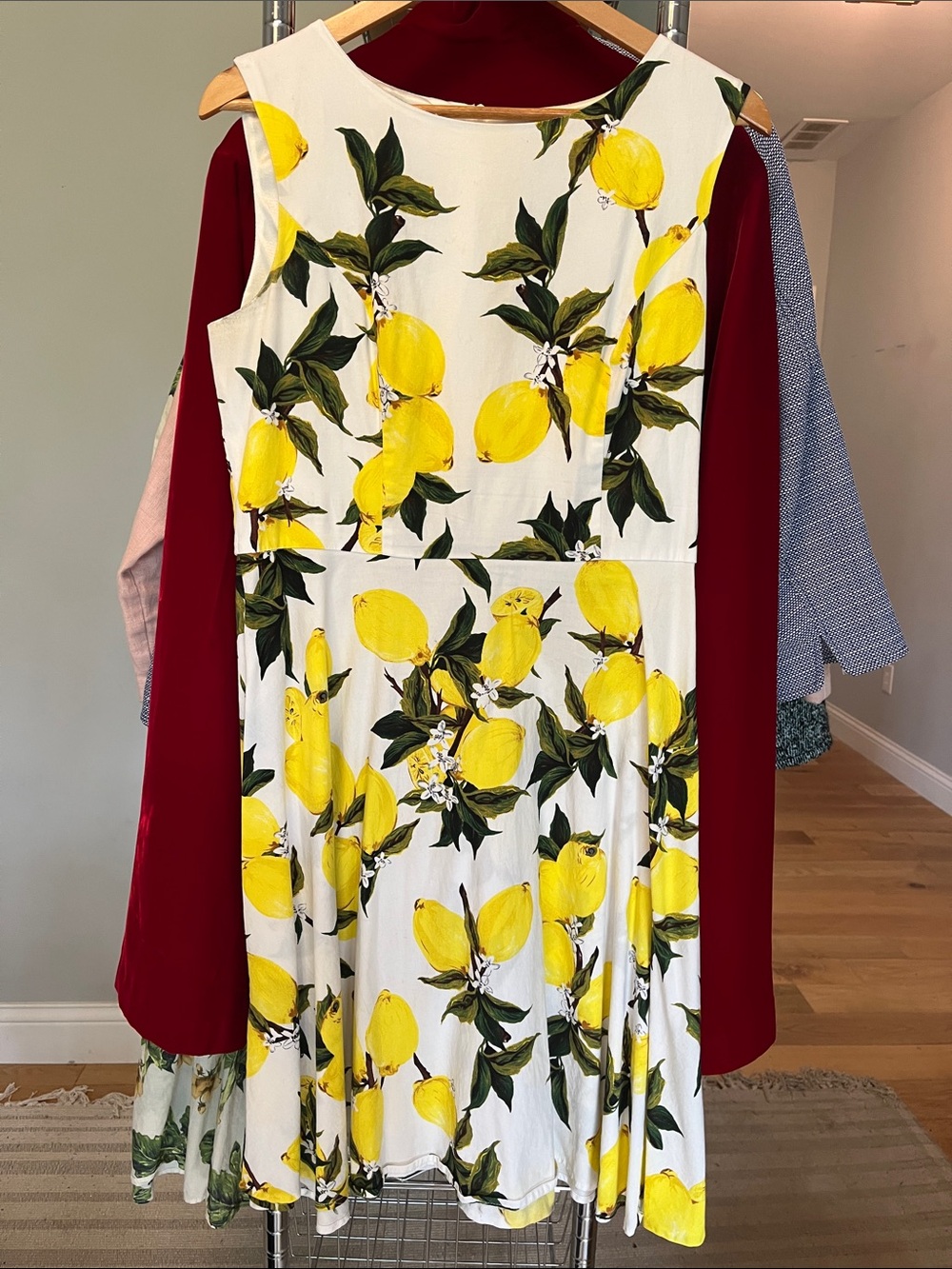 Sleeveless Lemon-Print Asymmetrical Dress in Yellow and White